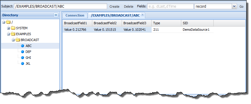 Fields panel of Liberator Explorer, showing values for subject /EXAMPLES/BROADCAST/ABC