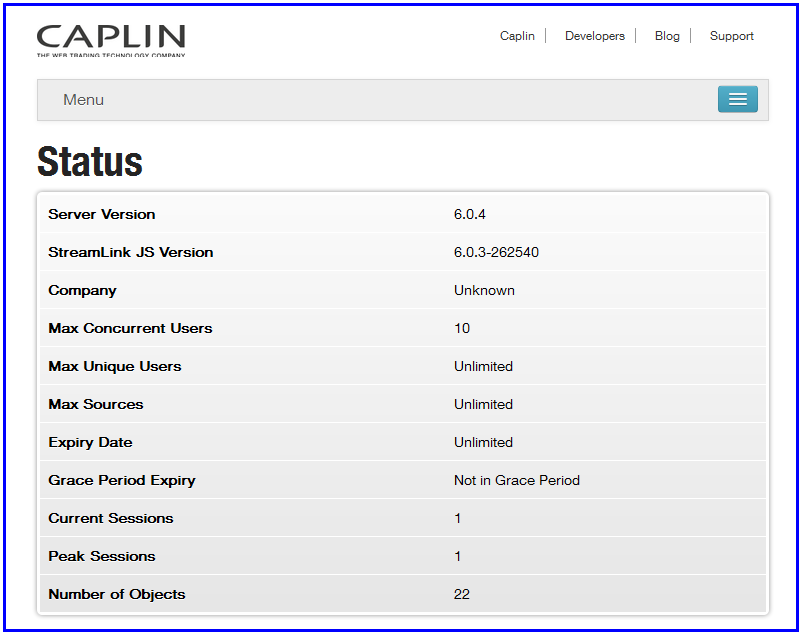 Screen shot of Liberator status page: Status section