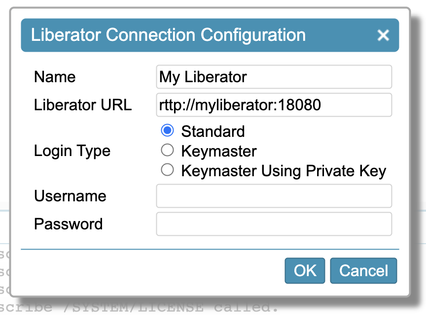 Liberator Explorer new connection dialog
