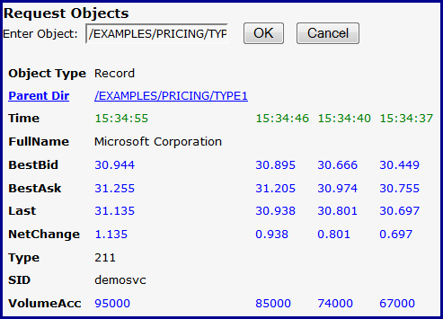 object browser requesting EXAMPLES PRICING TYPE1 MSFT